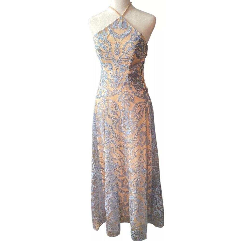 Speechless Light Blue Nude Overlay Winter Formal Dress Women 3 4 Brocade Halter